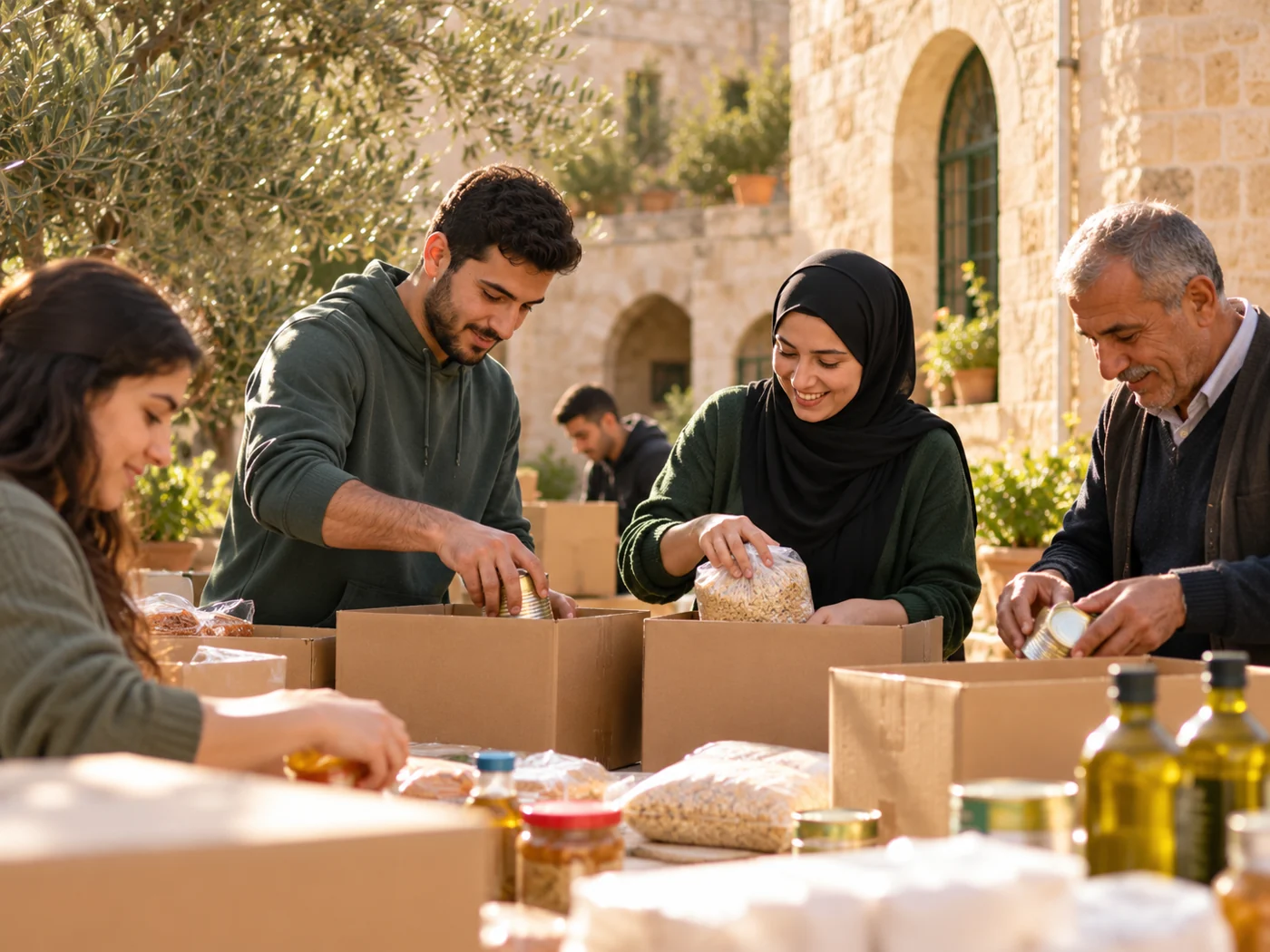 Illustrative volunteers preparing aid packages